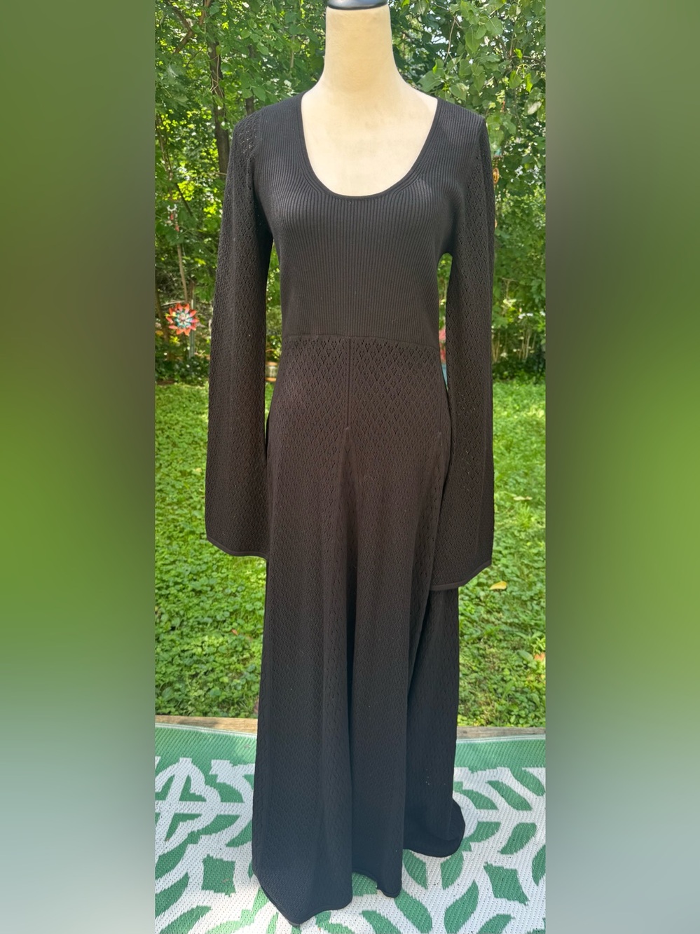 Mac Duggal Women's Scoop Neck Long Sleeve Black Knit Maxi Dress Size L NWT